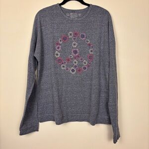 ORIGINAL RETRO BRAND Womens Floral Peace Sign Top Heather Gray Long Sleeve‎